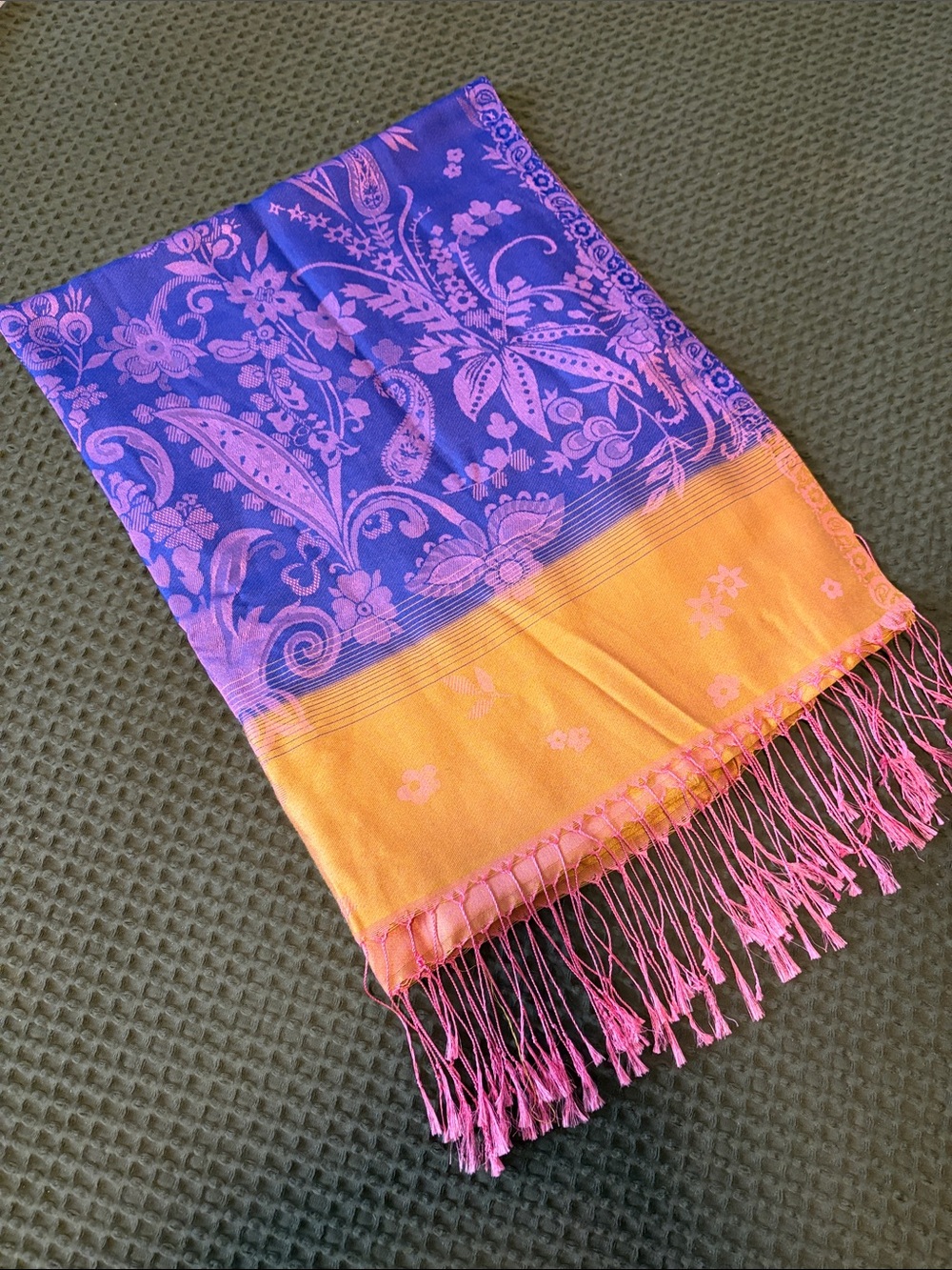 Vibrant Purple & Orange Floral Fringe Scarf